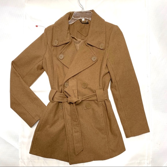 Joujou Tan Camel Brown Belted Trench Pea Coat Larg